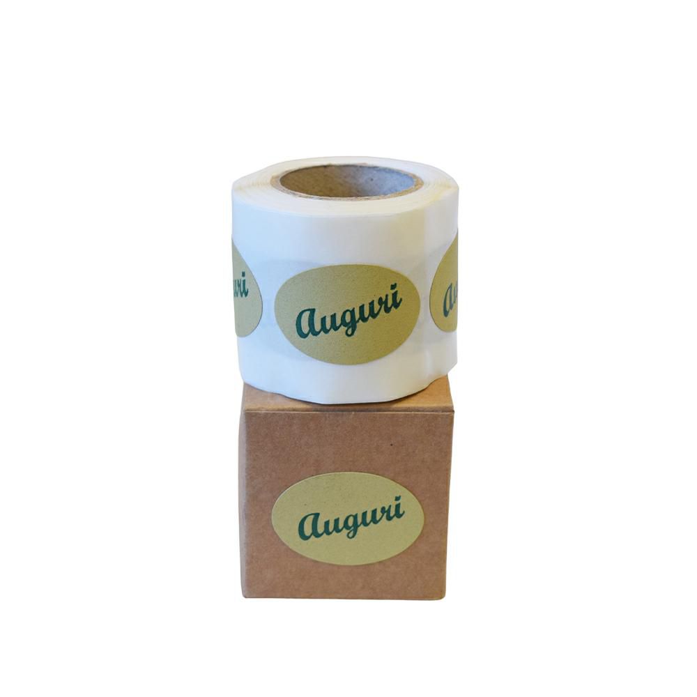BOLLINO ADESIVO 4,5X3 CM PZ.100 -AUGURI- BEIGE/VERDE