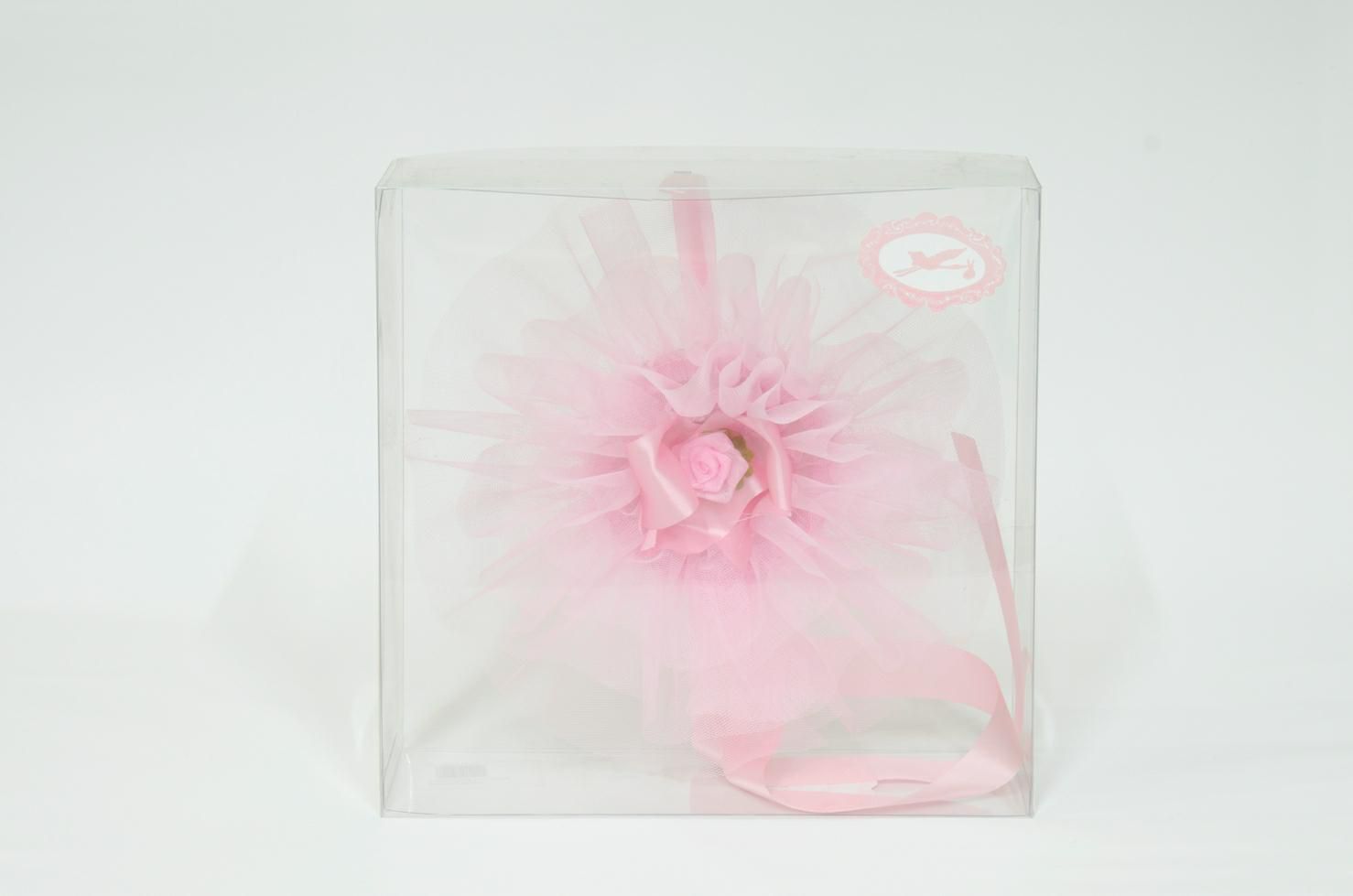 COCCARDA NASCITA H.25 CM TRIS TULLE ROSA