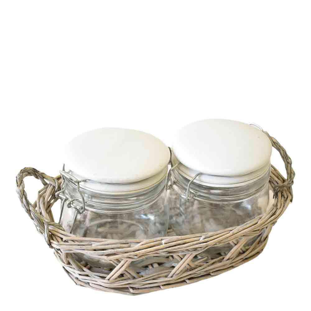 CESTINO C/2 BARATTOLI VETRO C/DECORAZIONE CUORE BIANCO