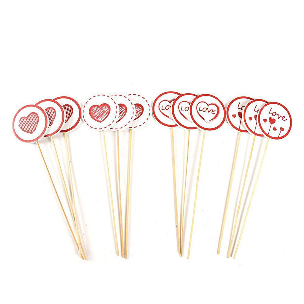 SET 12 PICK CUORI LEGNOD.6 CM H.25 CM NATURALE/BIANCO/ROSSO