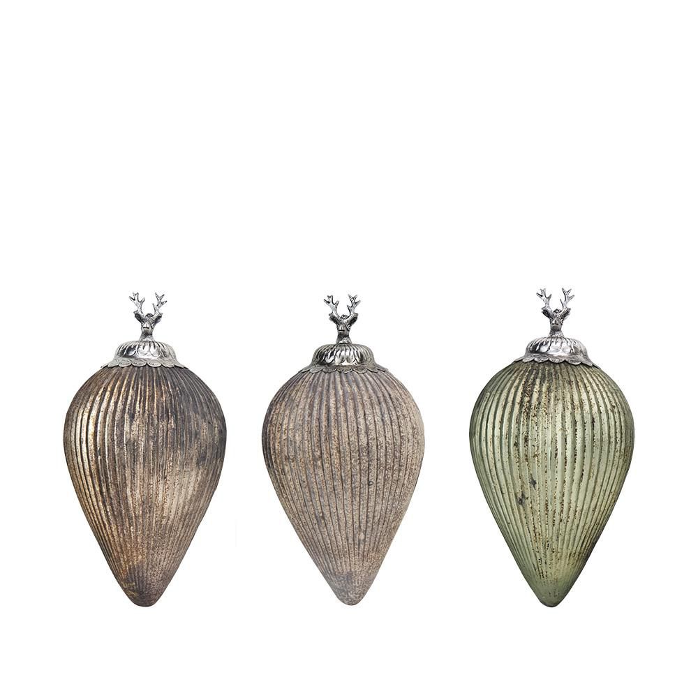 SET 3 DECORI VETRO D/APPENDERE D.12,5 CM H.28 CM VERDE/ORO