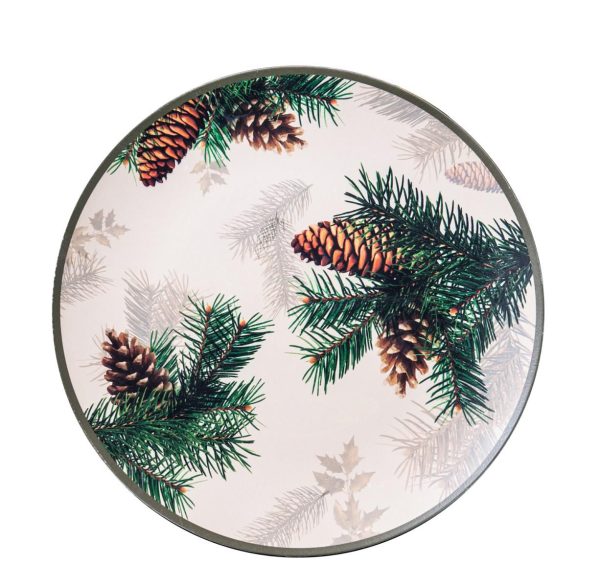 PIATTO POLIRESINA D.33 CM -PIGNE- BIANCO/MARRONE/VERDE