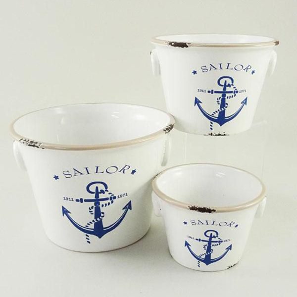 SET 3 VASI CERAMICA D.21,5 CM H.15,5 CM -ANCORA- BCO/AZZURRO