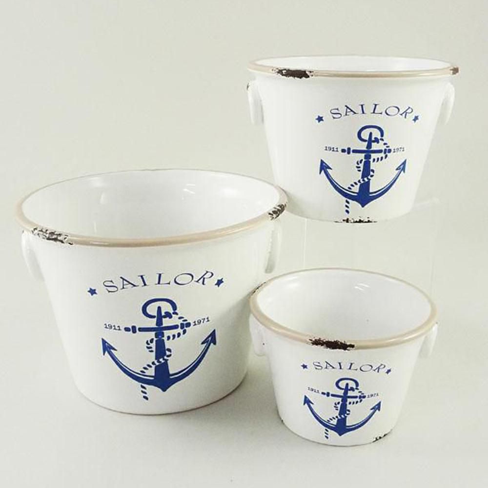 SET 3 VASI CERAMICA D.21,5 CM H.15,5 CM -ANCORA- BCO/AZZURRO