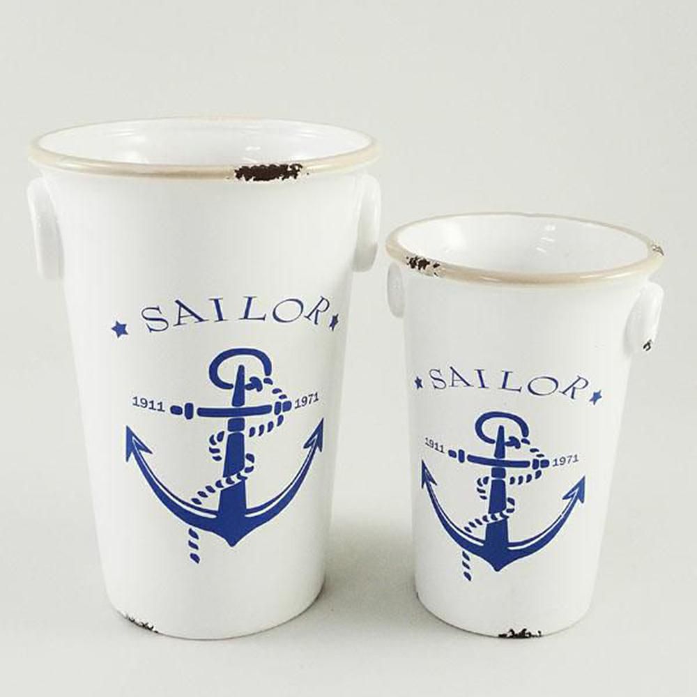 SET 2 VASI CERAMICA D.16,5 CM H.23 CM -ANCORA- BIANCO/AZZURRO