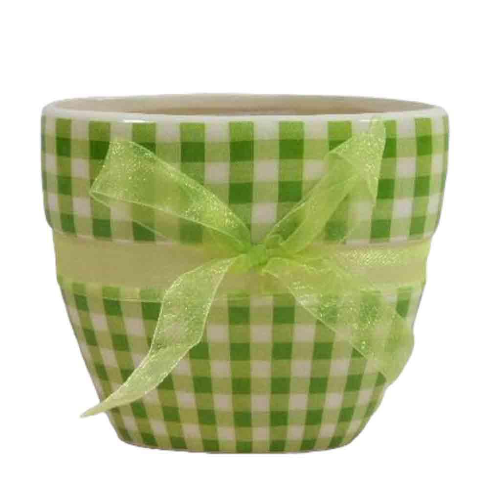 VASO CERAMICA OVALE 14X8,5 CM H.12,5 CM C/NASTRO QUADR. VERDE