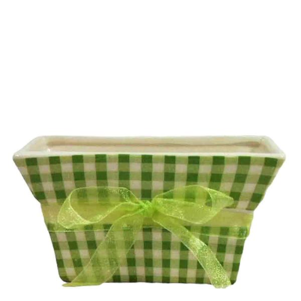 VASO CERAMICA RETT. 17,5X9 CM H.9 CM C/NASTRO QUADRETTI VERDE