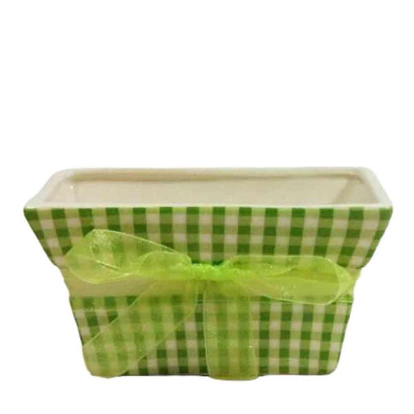 VASO CERAMICA RETT. 14X9,5 CM H.8 CM C/NASTRO QUADRETTI VERDE