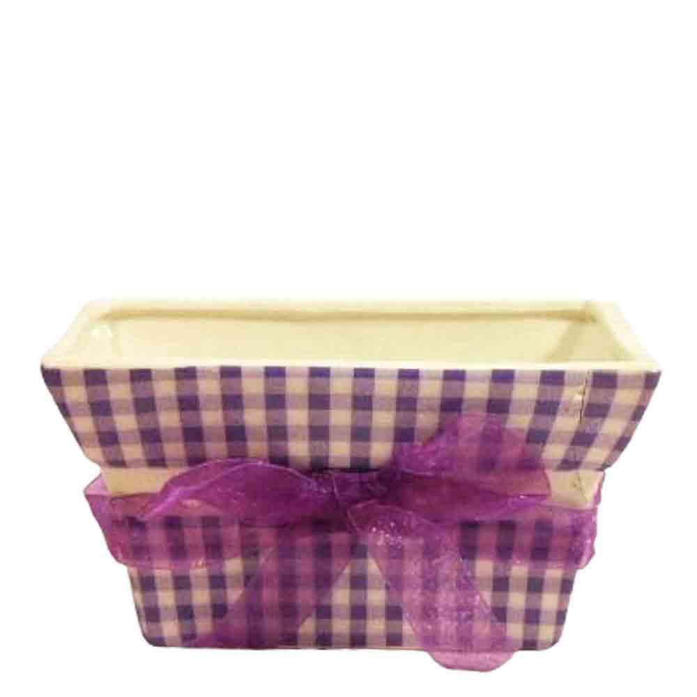 VASO CERAMICA RETT. 17,5X9 CM H.9 CM C/NASTRO QUADRETTI LILLA