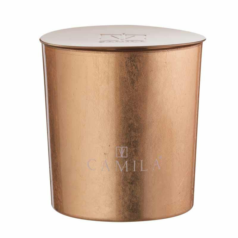 CANDELA PROFUMATA AMARETTO D.9 H.9 CM GR.200 FOGLIA RAME