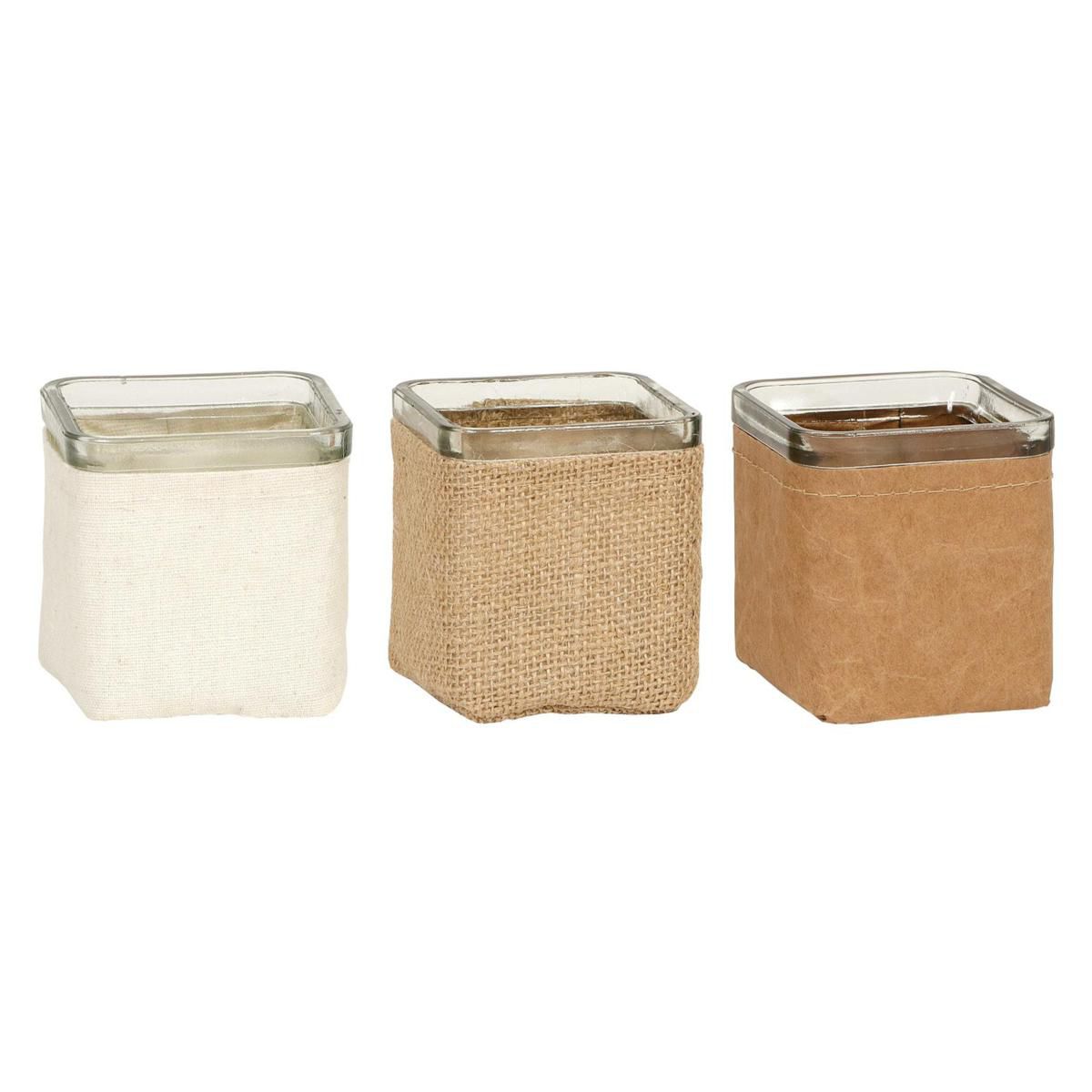 SET 3 VASETTI VETRO RICOPERTI 7,5X7,5 CM H.7,5 CM NATURALE