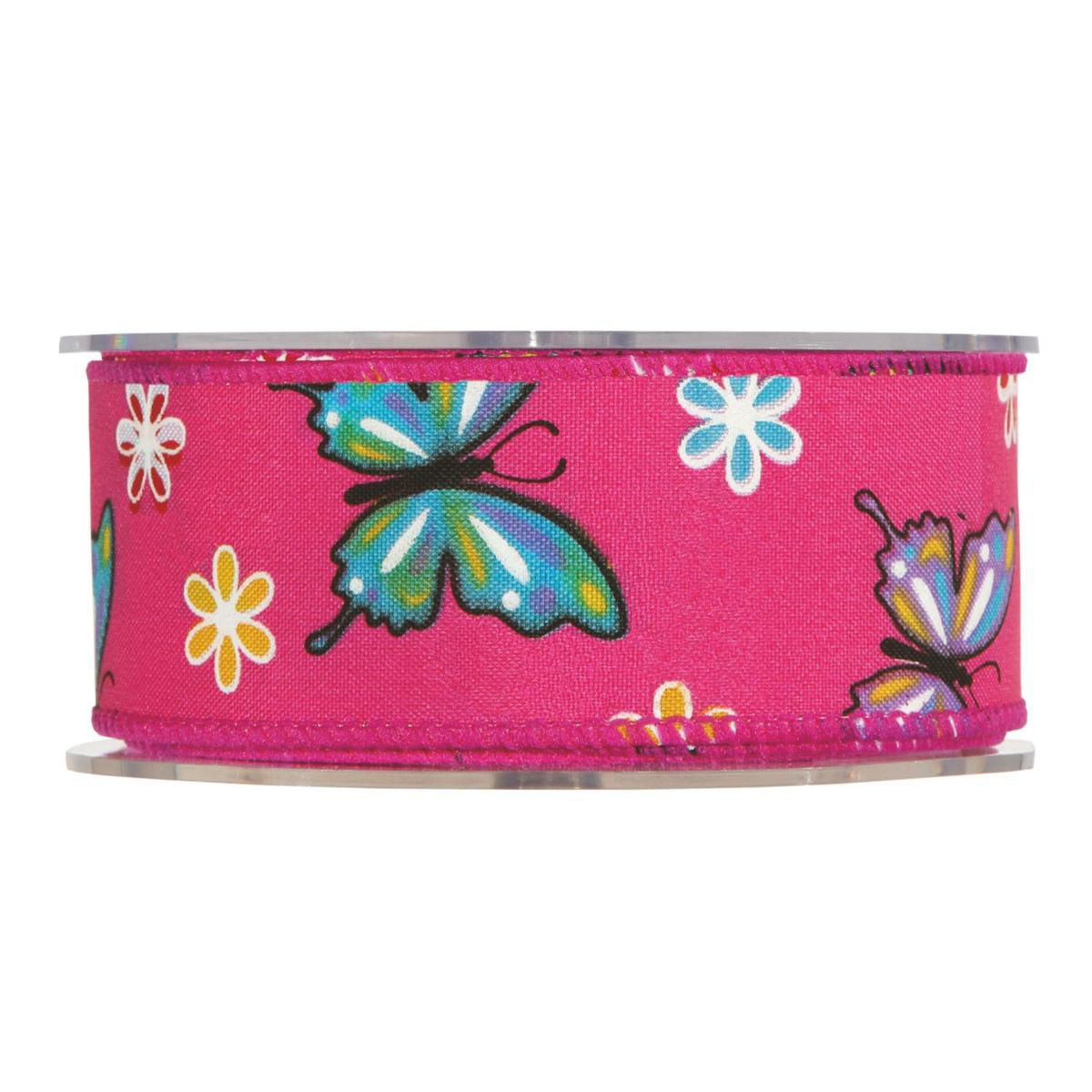 NASTRO POLIESTERE 40MM 10MT -BUTTERFLIES- FUXIA