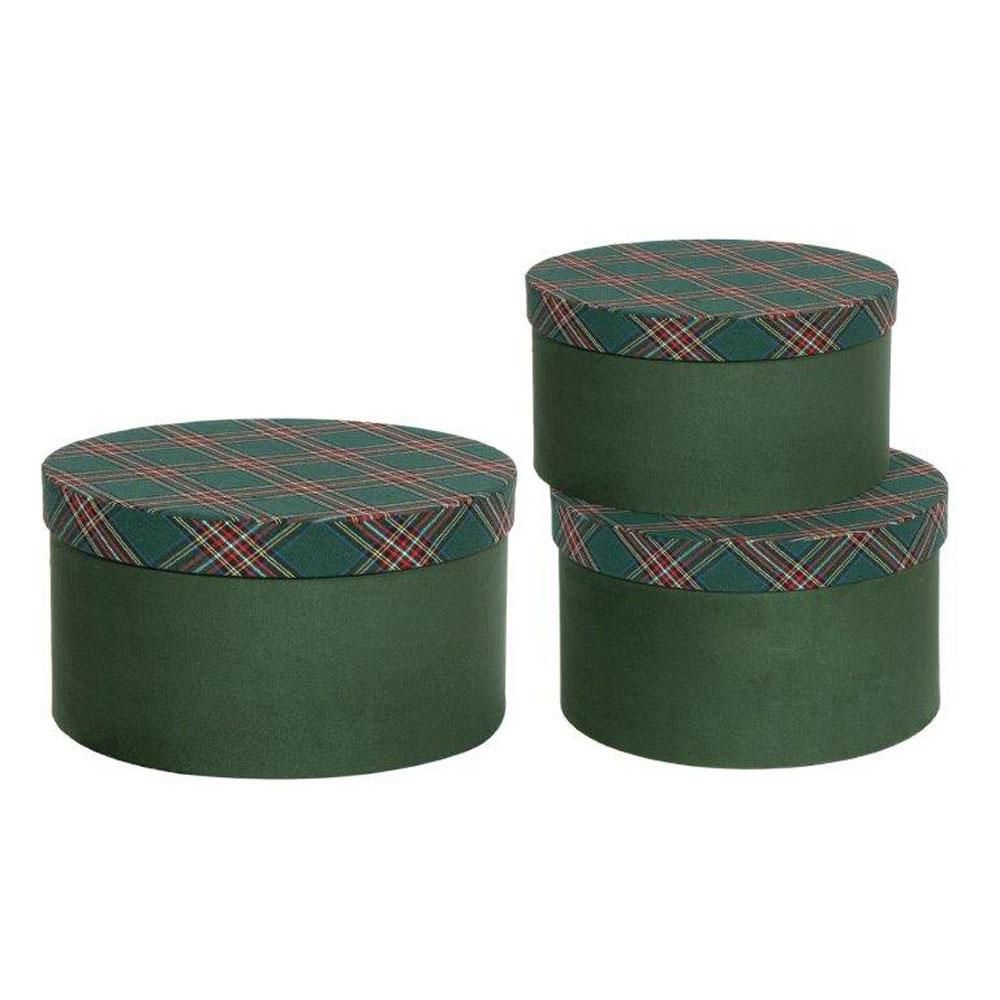 SET 3 SCATOLE ALCANTARAC/TARTAN D.21-23 CM H.11-13 CM VERDE SET 3 SCATOLE ALCANTARAC/TARTAN D.21-23 CM H.11-13 CM VERDE