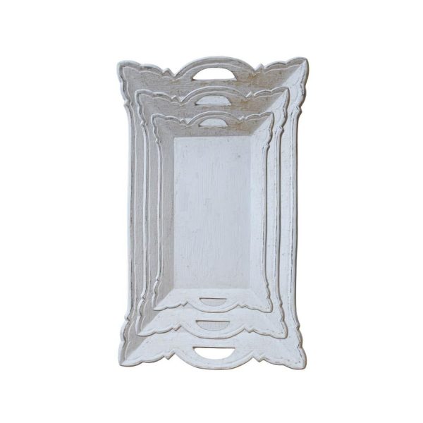 SET 3 VASSOI LEGNO 45X25X3,5 50X30X3,5 56X35X3,5 CM BIANCO ANTIC