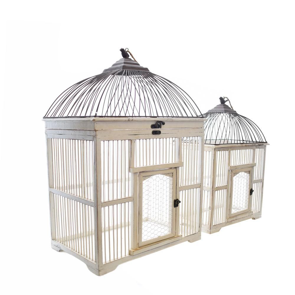 SET 2 UCCELLIERE LEGNO/METALLO RETTANGOLARI 48X32X77 CM BIANCO