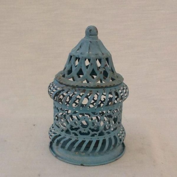 PORTACANDELA METALLO GRIGLIA D.12,5 CM H.19 CM CELESTE ANTICATO