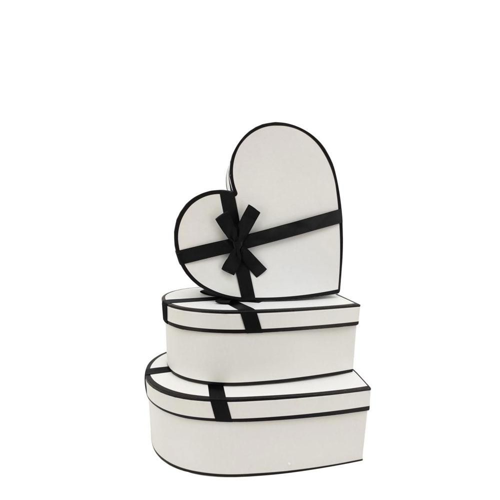 SET 3 SCATOLE CUORE 26-33X25-32 CM H.9,5-11,5 CM BIANCO/NERO