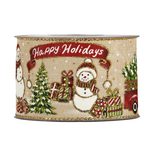 NASTRO POLIESTERE -SNOWMAN- 63MM 10MT NATURALE/ROSSO/VERDE