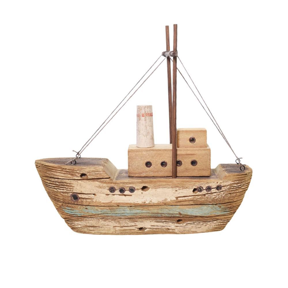 VELIERO LEGNO 34X9,5X33CM NATURALE/ SBIANCATO/BLU