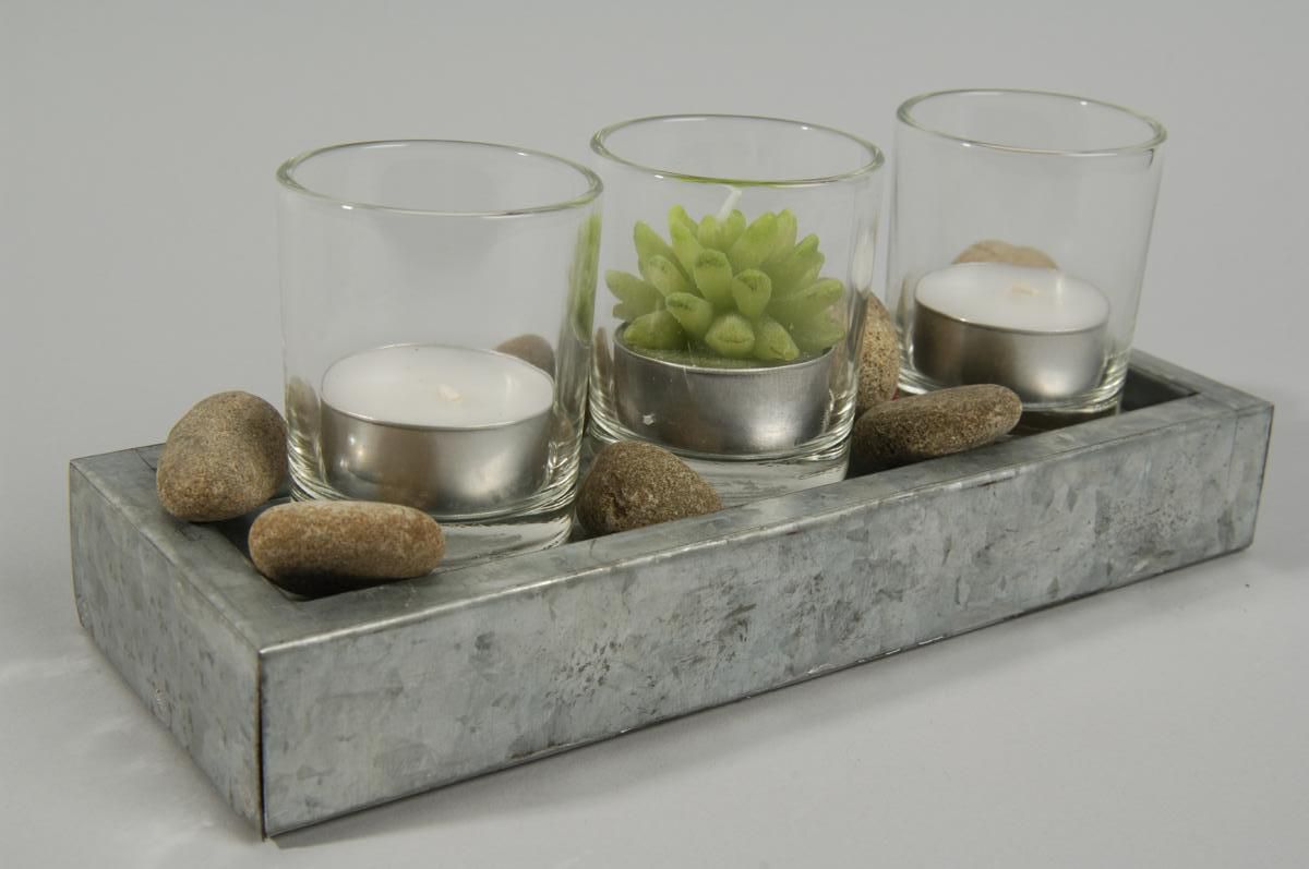 SET 3 TEALIGHT C/PIANTAGRASSA I/VASSOIO 21X7,5X9