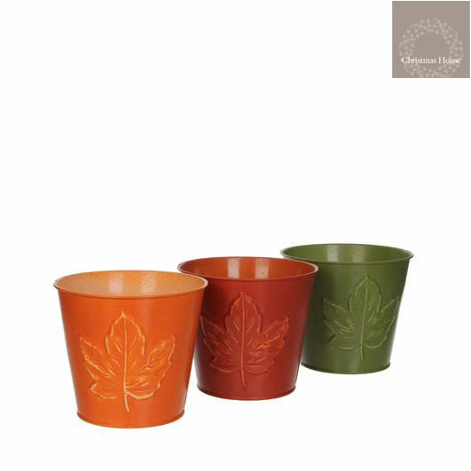 SET 3 VASI METALLO D.14CM H. 12 CM -LEAF- VERDE/ARANCIO/ROSSO