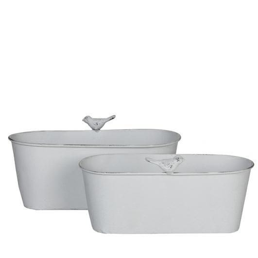 SET 2 VASI METALLO OVALI 25,5X11,8 CM H.9,5 CM BIANCO WASH.