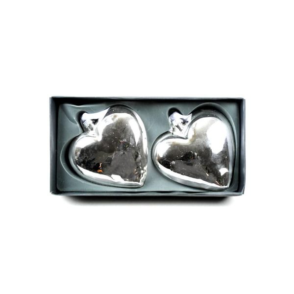 SET 2 CUORE METALLO D.10 CM C/NASTRO D/APP. BIANCO ARGENTO