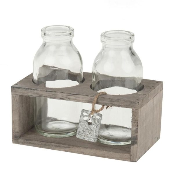 VASCHETTA LEGNO C/2BOTTIGLIE VETRO 13,5X7X6/11 GRIGIO