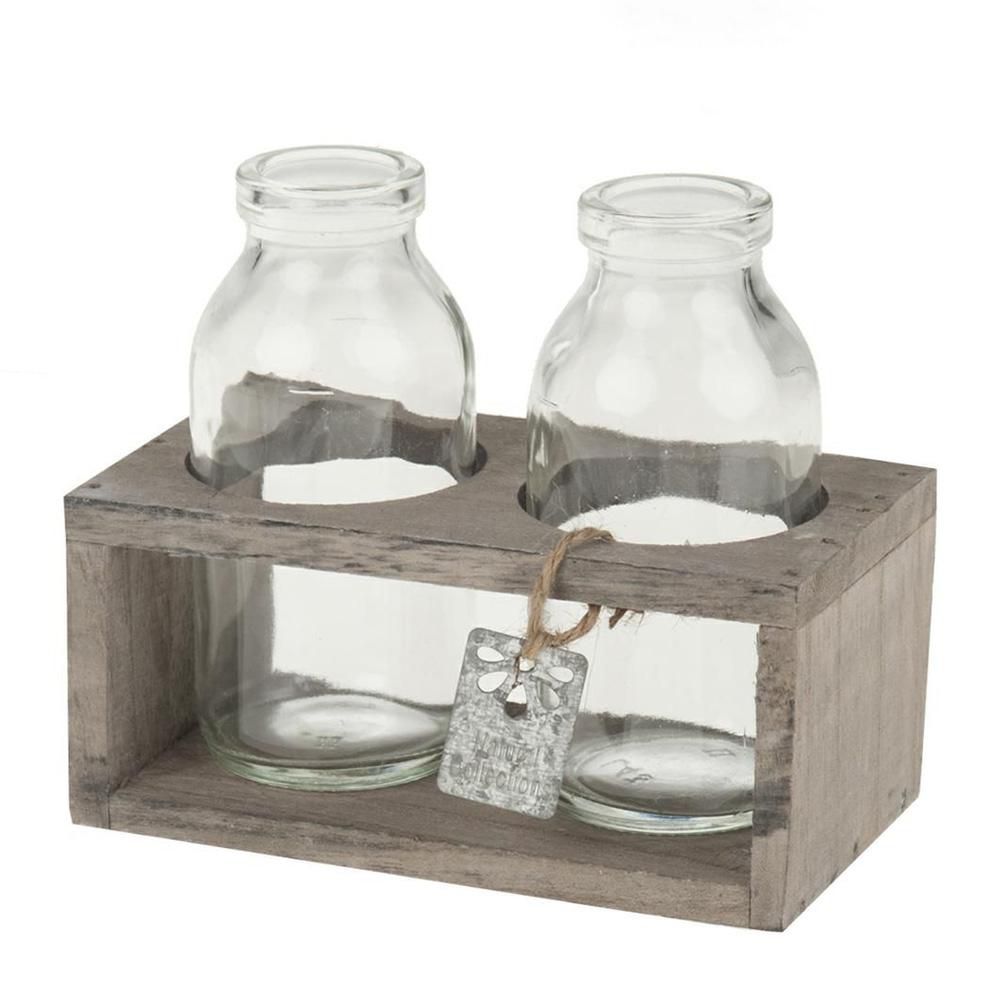 VASCHETTA LEGNO C/2BOTTIGLIE VETRO 13,5X7X6/11 GRIGIO