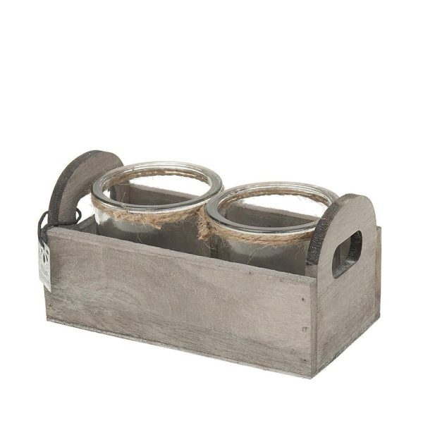 VASCHETTA LEGNO C/2BOTTIGLIE VETRO 20X8,5X11,5 GRIGIO