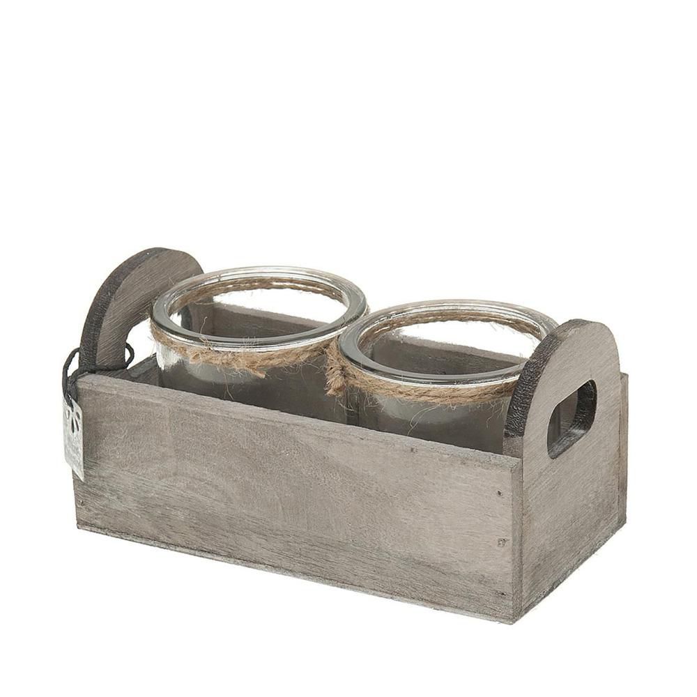 VASCHETTA LEGNO C/2BOTTIGLIE VETRO 20X8,5X11,5 GRIGIO