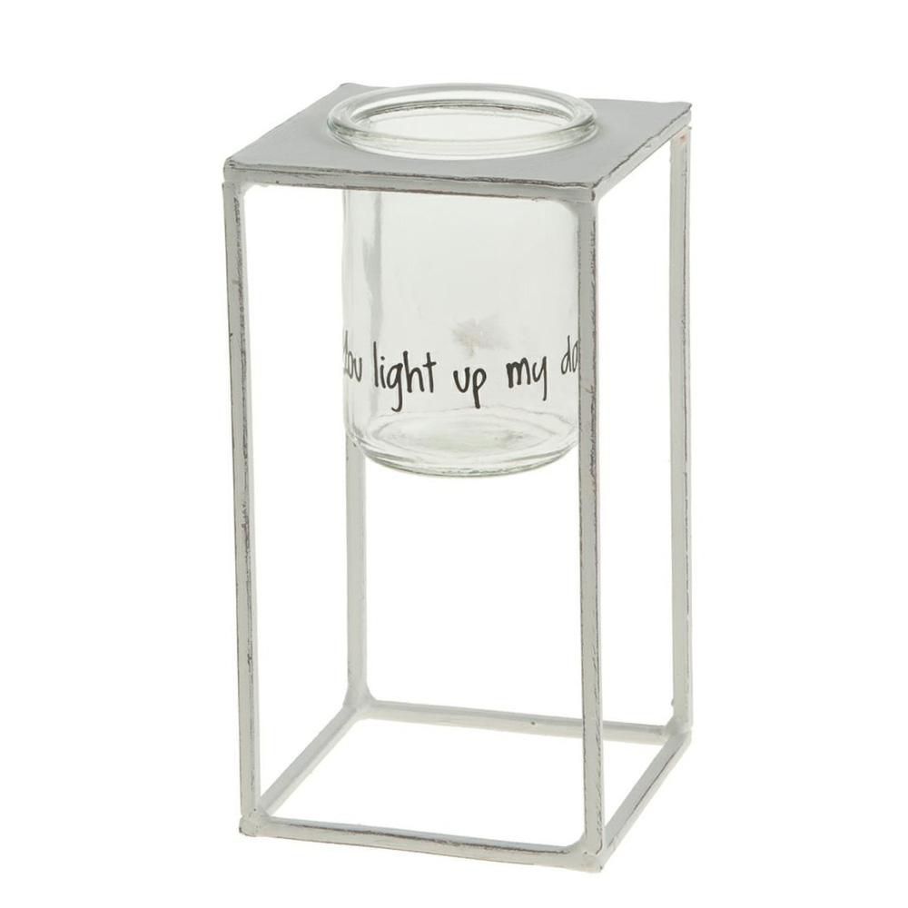 ALZATA METALLO 11X11 CMH.20 CM C/VETRO DECORATO BIANCO ANT.