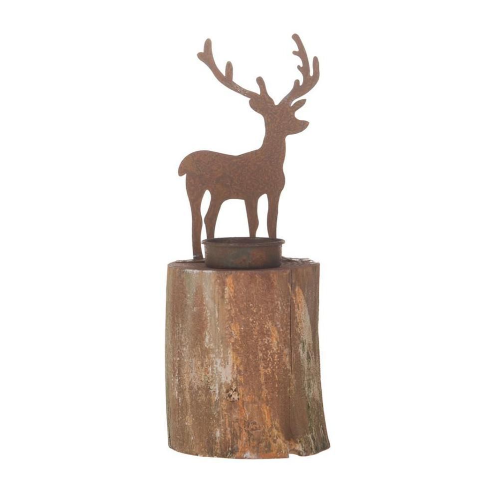 PORTATEALIGHT MET.RENNAC/BASE LEGNO 11X8X22 NATURALE/RUGGINE