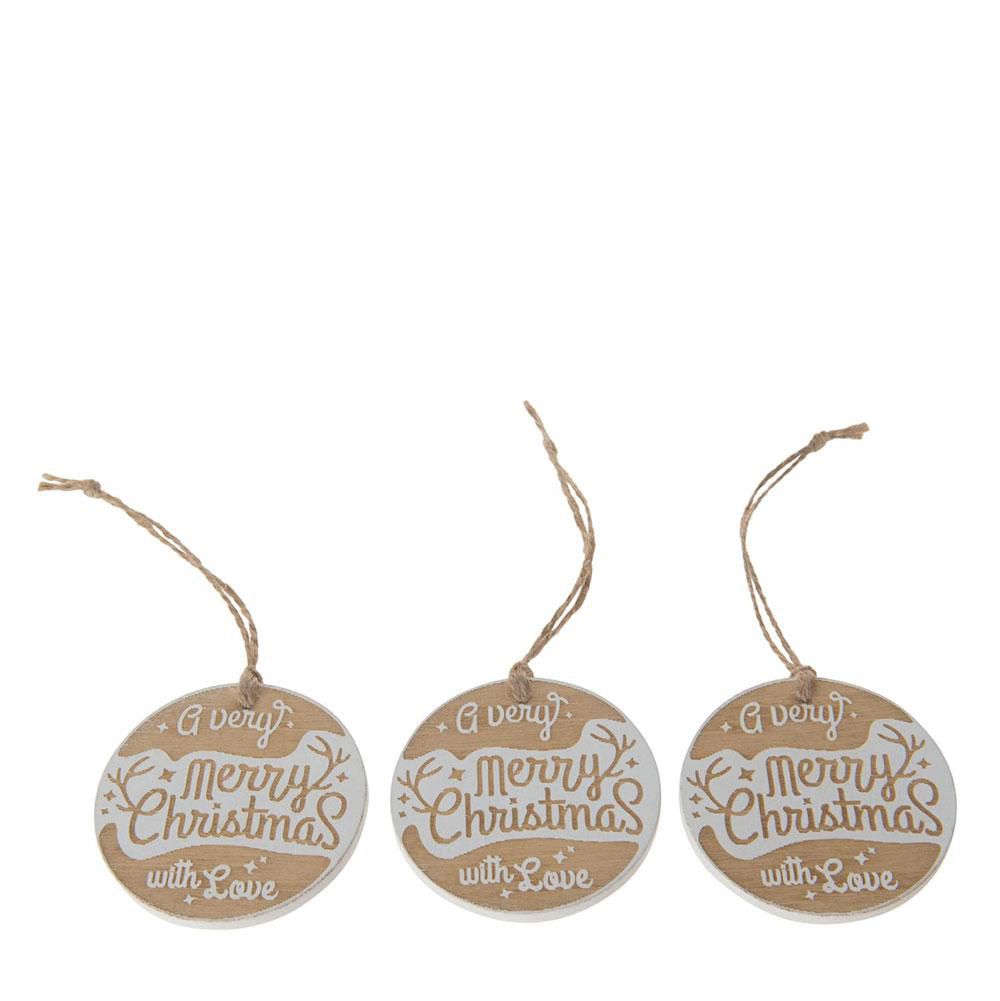 SET 3 DECORI LEGNO D.7 CM -XMAS BALL- NATURALE/BIANCO