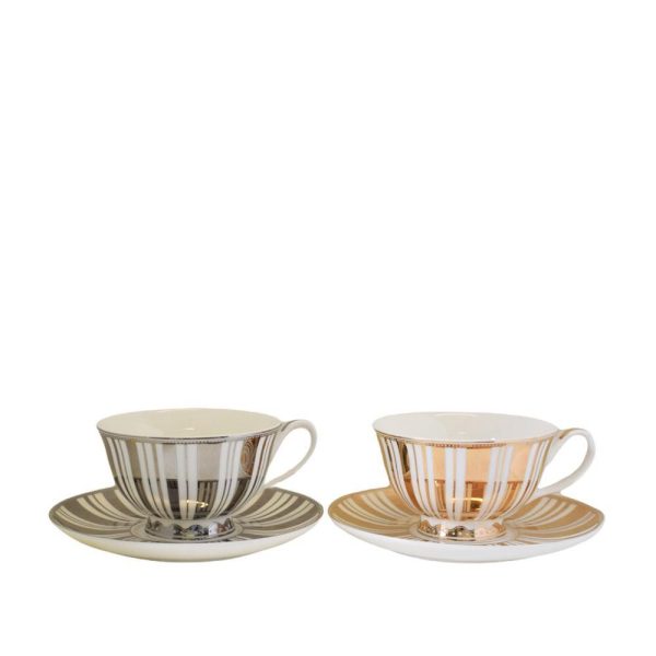 SET 4 TAZZE PORCELLANA C/PIATTINI D.11 H.7 CM ORO-ARGENTO/BIANCO