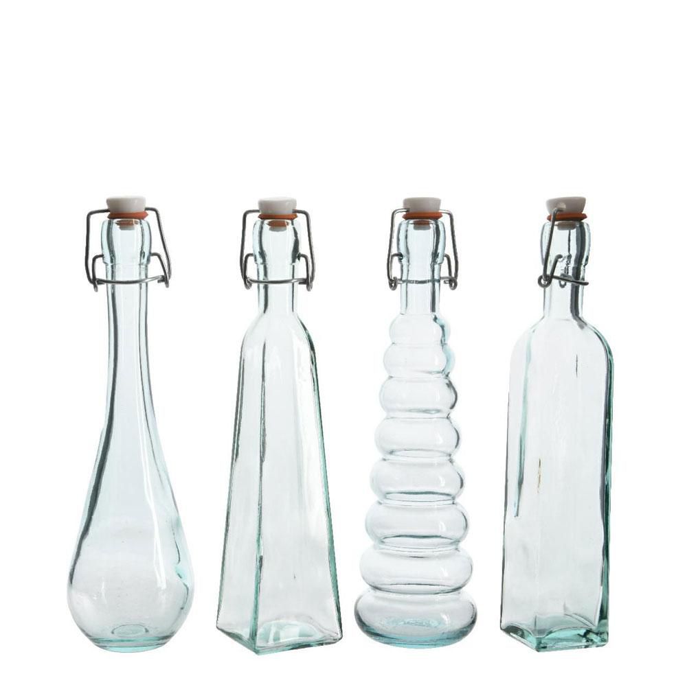 SET 4 BOTTIGLIE VETRO RECYCLED C/TAPPO D7X28 ASS.TRASP.