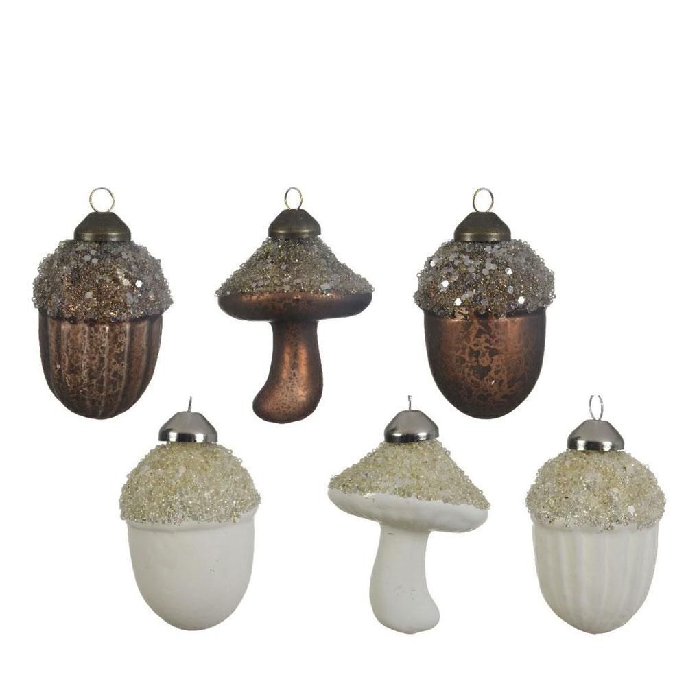SET 6 DECORI VETRO H.7,5 CM BIANCO/MARRONE C/PERLINE