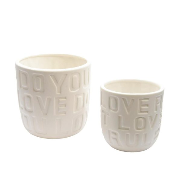 SET 2 VASI PORCELLANA-TEXT EMBOSSED- BIANCO SAT. SET 2 VASI PORCELLANA-TEXT EMBOSSED- BIANCO SAT.