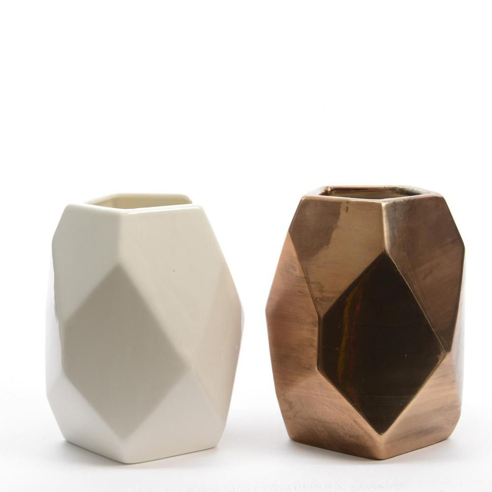 SET 2 VASI PORCELLANA 11X11X13 CM -DIAMOND CUT- BIANCO/RAME