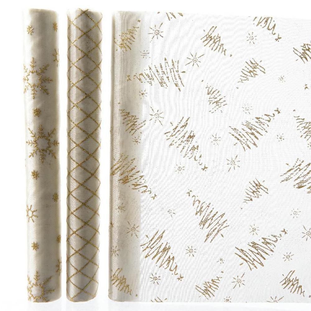 SET 3 BOBINE TESSUTO DECO GLITTER CM 35X2 MT ASS.CREMA/ORO