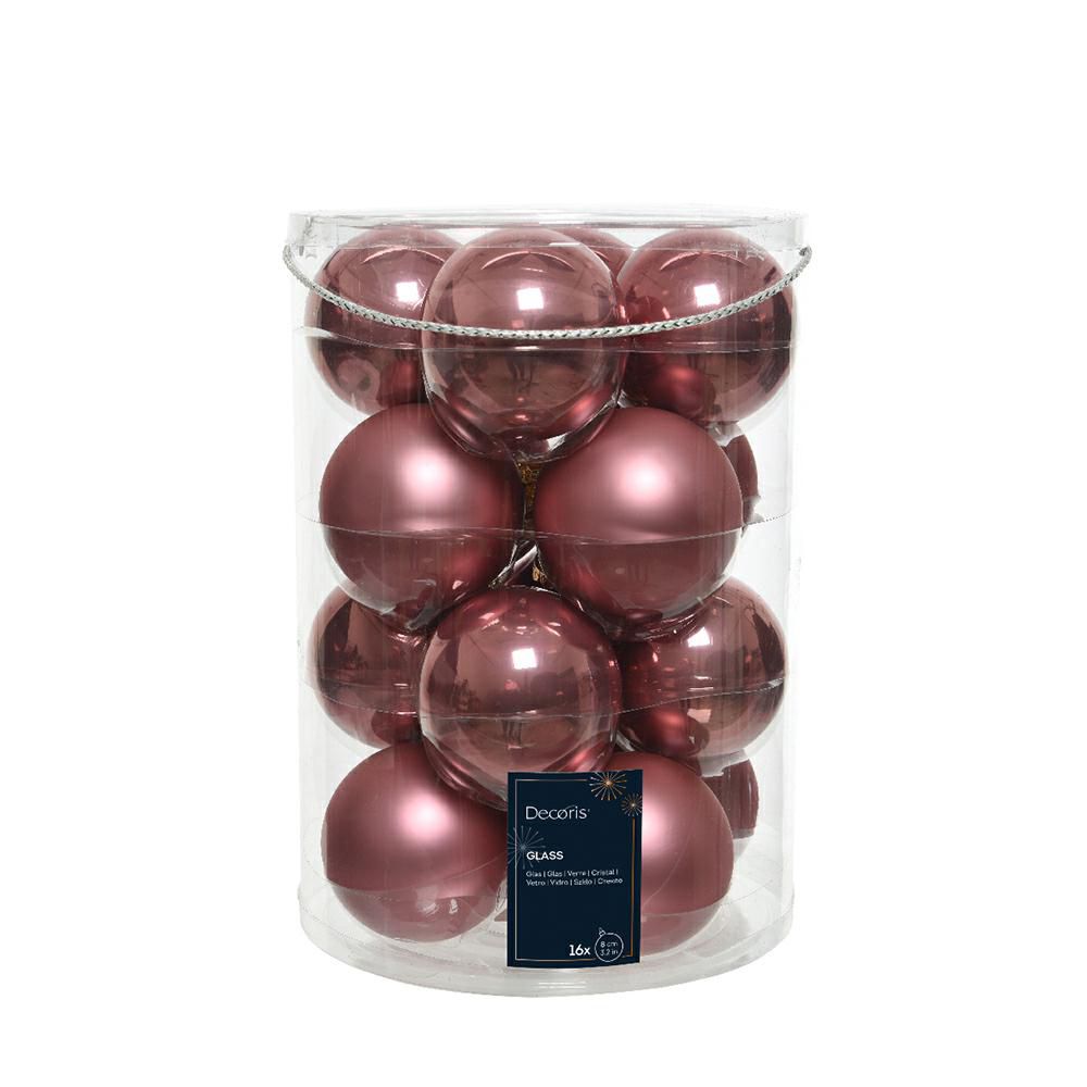 SET 16 SFERE VETRO MM.80 LUCIDO/SATINATO ROSA CIPRIA SCURO