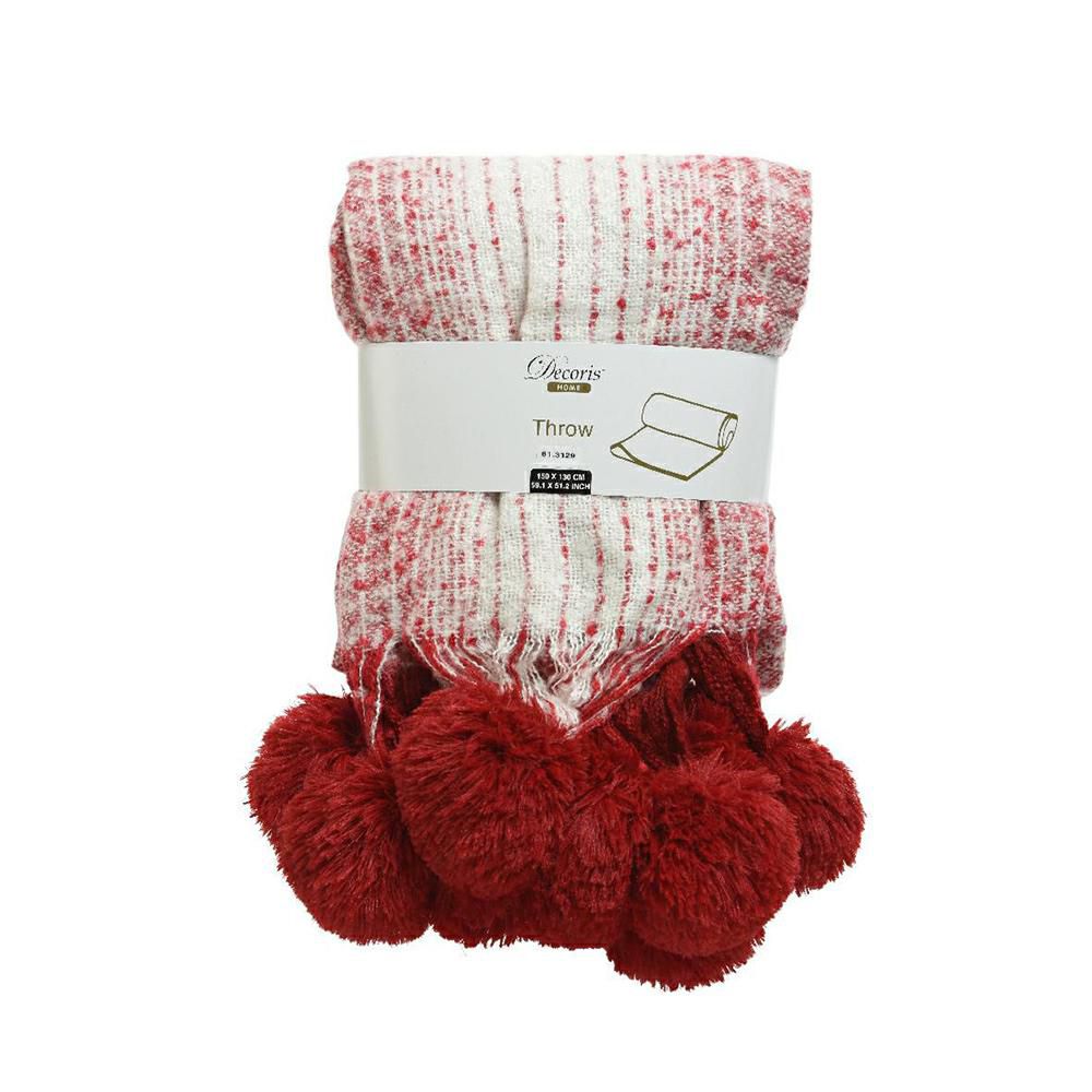 COPERTA FLANELLA 130X150 CM RIGHE C/POMPOM ROSSO/BIANCO COPERTA FLANELLA 130X150 CM RIGHE C/POMPOM ROSSO/BIANCO
