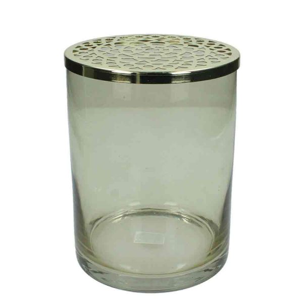 VASO VETRO/METALLO C/TAPPO D.15,7 CM H.20 CM TRASPARENTE/ORO VASO VETRO/METALLO C/TAPPO D.15,7 CM H.20 CM TRASPARENTE/ORO