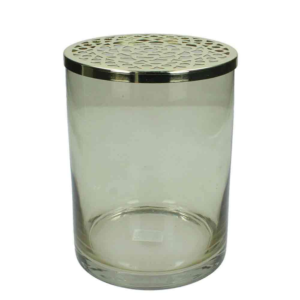 VASO VETRO/METALLO C/TAPPO D.15,7 CM H.20 CM TRASPARENTE/ORO VASO VETRO/METALLO C/TAPPO D.15,7 CM H.20 CM TRASPARENTE/ORO