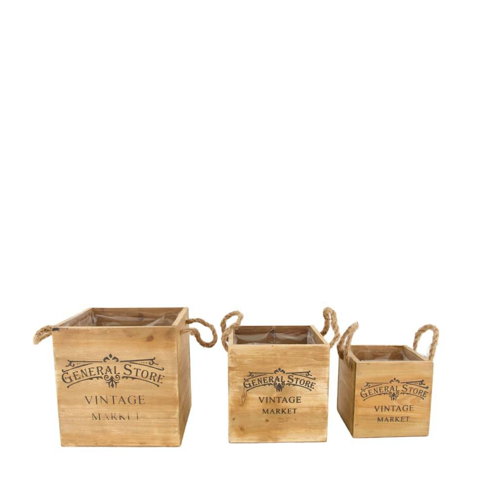 SET 3 CASSETTI LEGNO C/PLASTICA 18X18 CM H.18 CM NATURALE SET 3 CASSETTI LEGNO C/PLASTICA 18X18 CM H.18 CM NATURALE