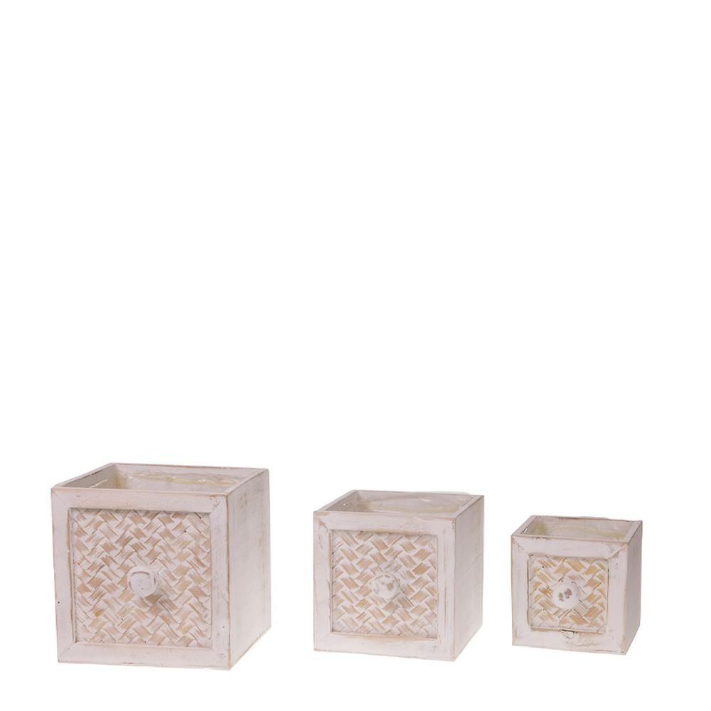 SET 3 CASSETTI LEGNO 18X18 CM H.18 CM BIANCO ANTICATO SET 3 CASSETTI LEGNO 18X18 CM H.18 CM BIANCO ANTICATO
