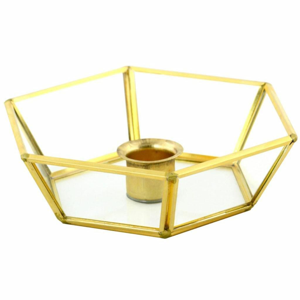 CANDELIERE VETRO ESAGONALE 14,4X14,5 H.4 CM PROFILO MET. ORO CANDELIERE VETRO ESAGONALE 14,4X14,5 H.4 CM PROFILO MET. ORO