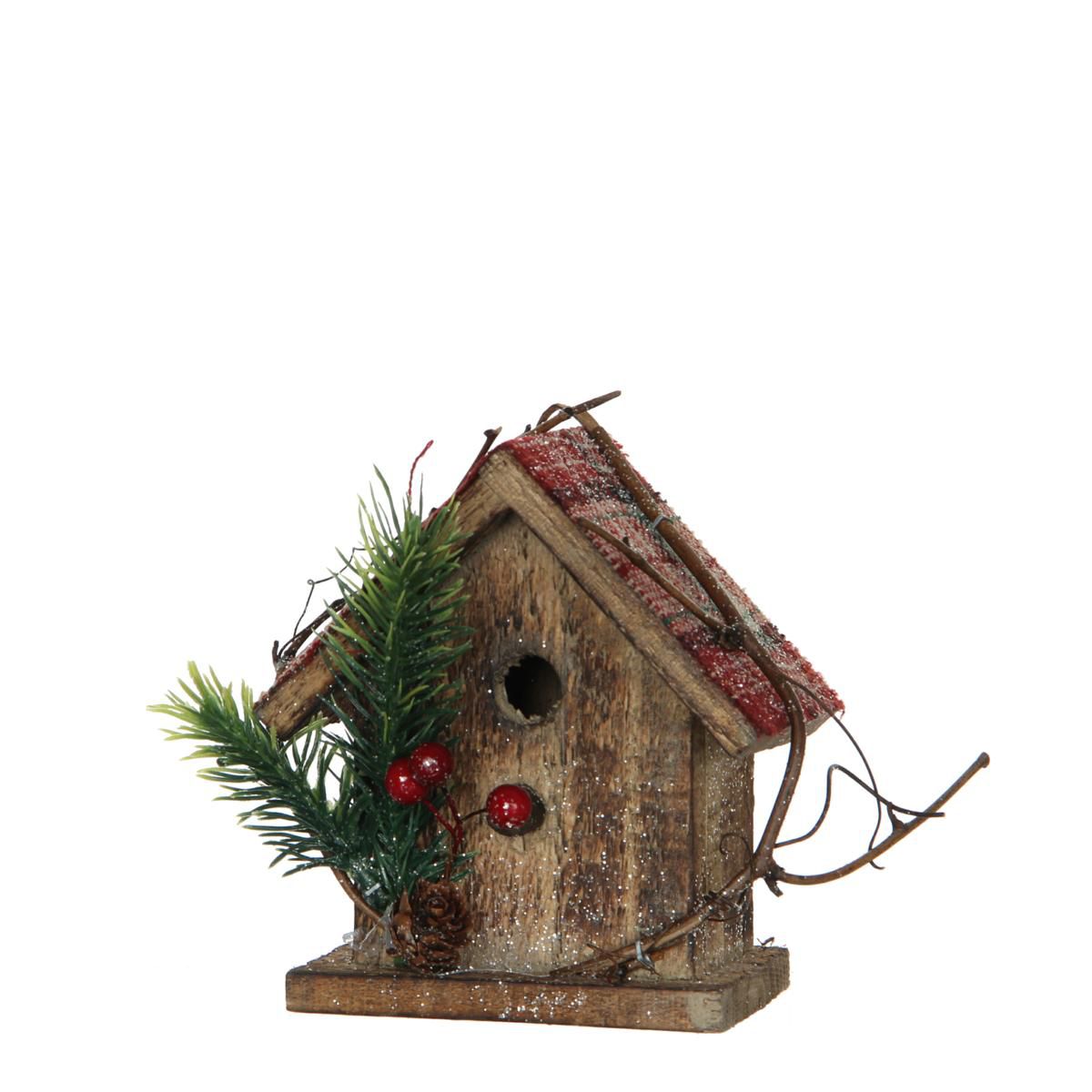 CASETTA UCCELLINI 10X7 CM H.13 CM C/BACCHE INNEVATA MARRONE