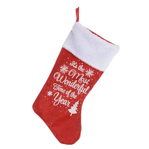 CALZA TESSUTO 23X40 CM C/SCRITTE GLITTER ROSSA/BIANCA