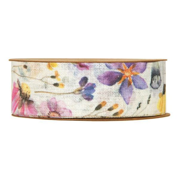 NASTRO TESSUTO 40MM 10MT -FLOWERS IN PURPLE- BIANCO/VIOLA/GIALLO